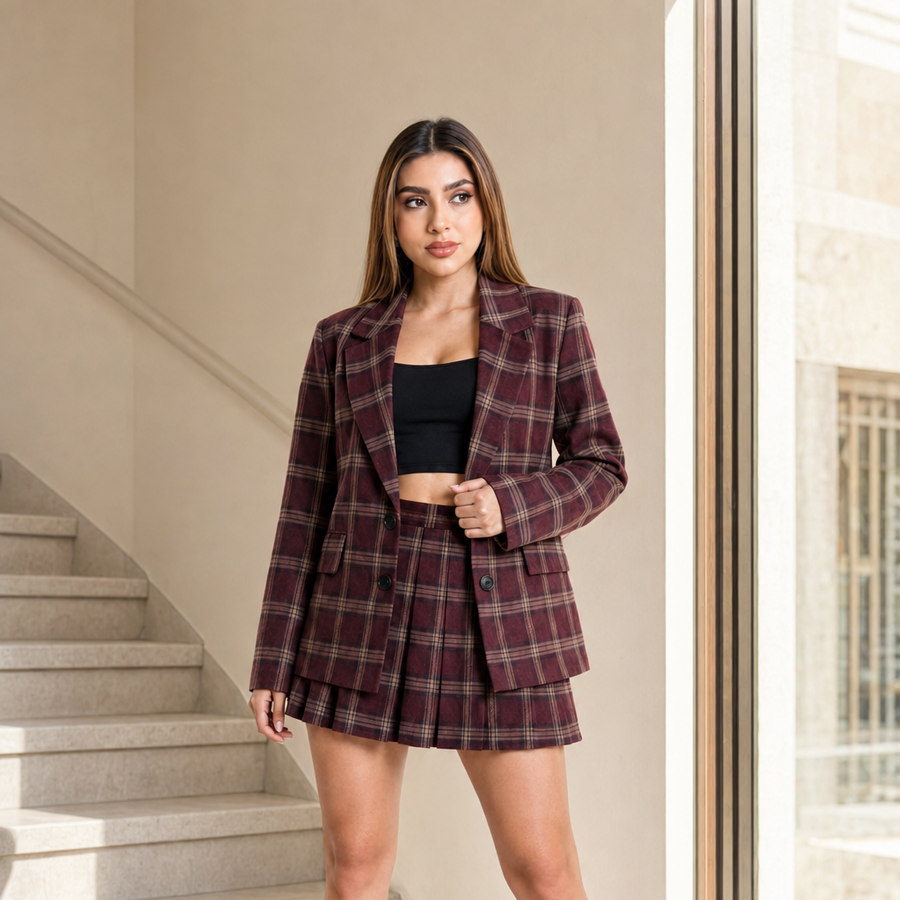 Conjunto Hessed Couture a cuadros (saco y falda) — Vino