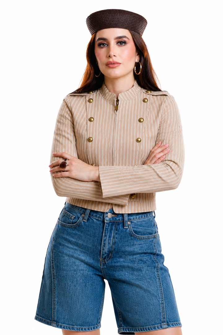 Chaqueta Hessed Couture corta de doble botonadura dorada — Beige