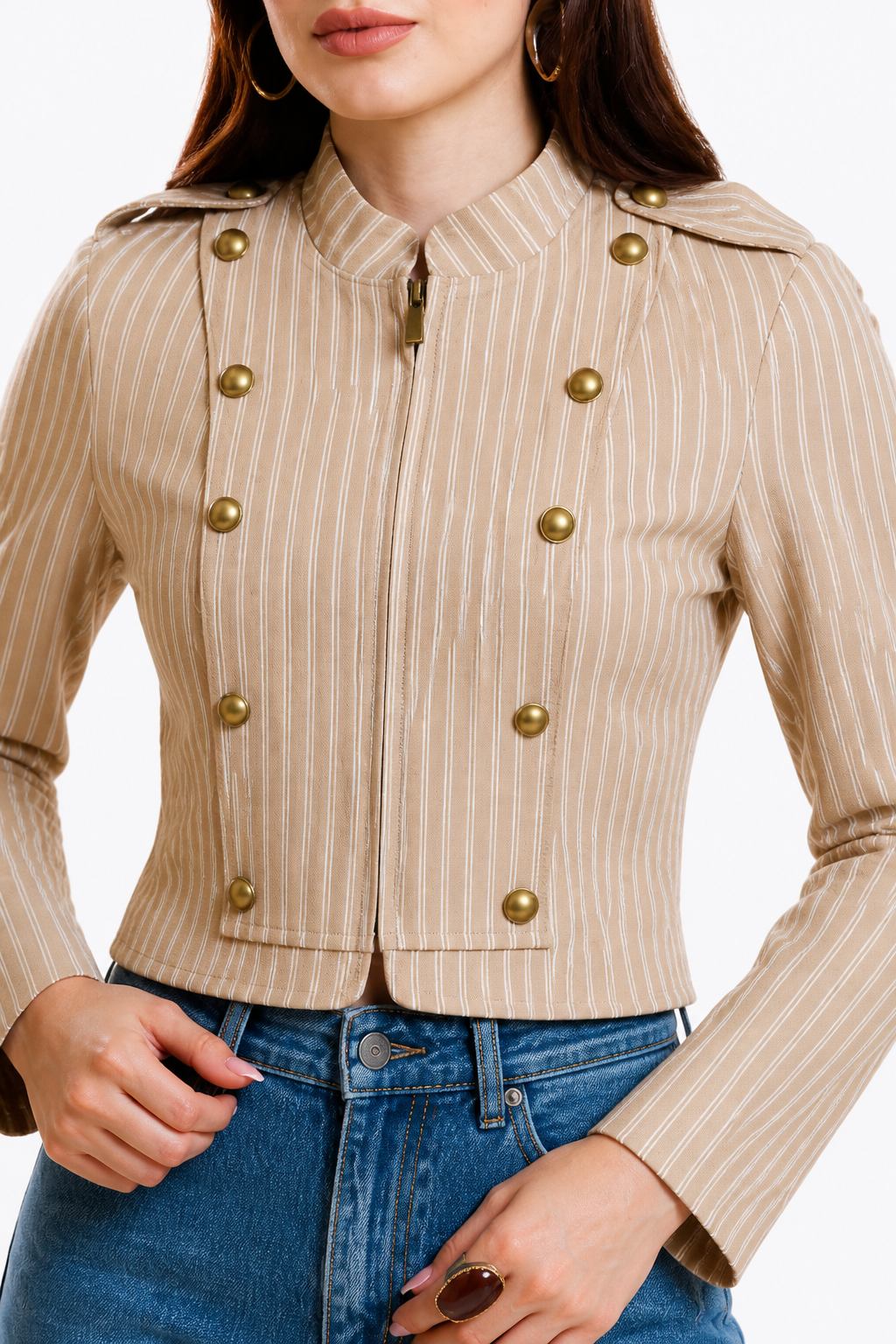 Chaqueta Hessed Couture corta de doble botonadura dorada — Beige