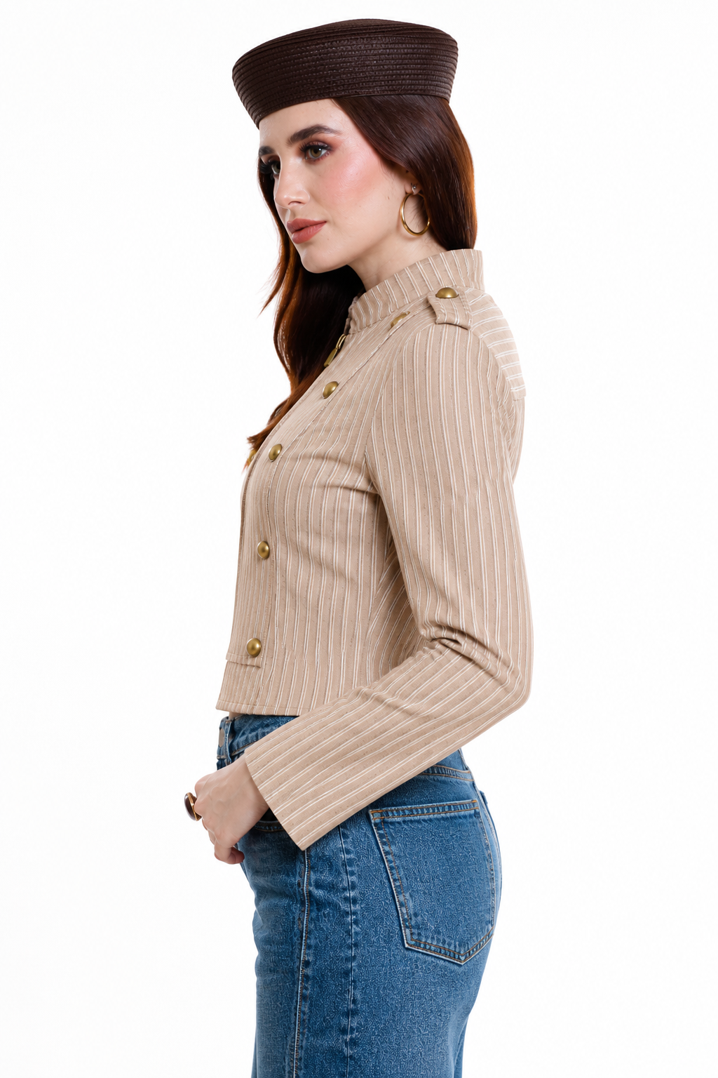 Chaqueta Hessed Couture corta de doble botonadura dorada — Beige