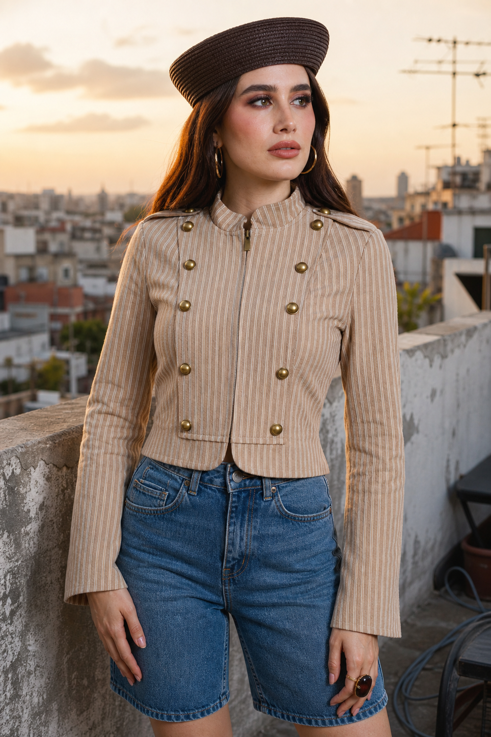 Chaqueta Hessed Couture corta de doble botonadura dorada — Beige