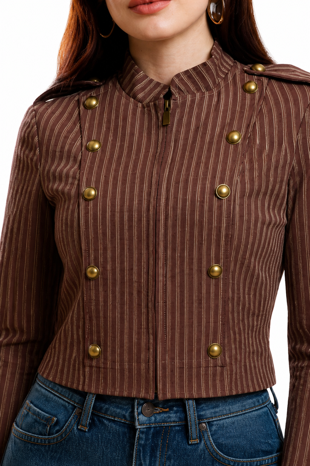 Chaqueta Hessed Couture corta de doble botonadura dorada — Café