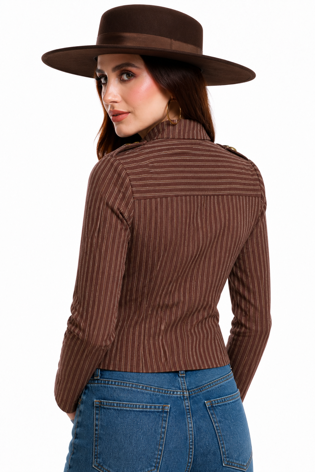 Chaqueta Hessed Couture corta de doble botonadura dorada — Café
