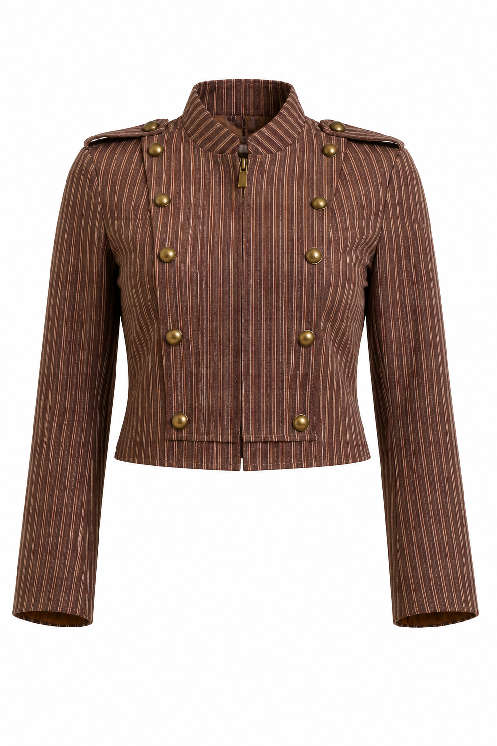 Chaqueta Hessed Couture corta de doble botonadura dorada — Café