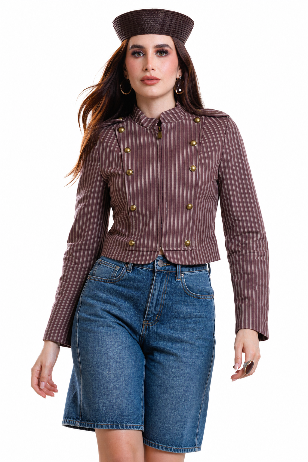 Chaqueta Hessed Couture corta de doble botonadura dorada — Vino