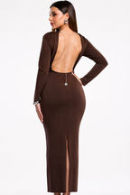 Vestido Hessed Couture largo con espalda descubierta — Café