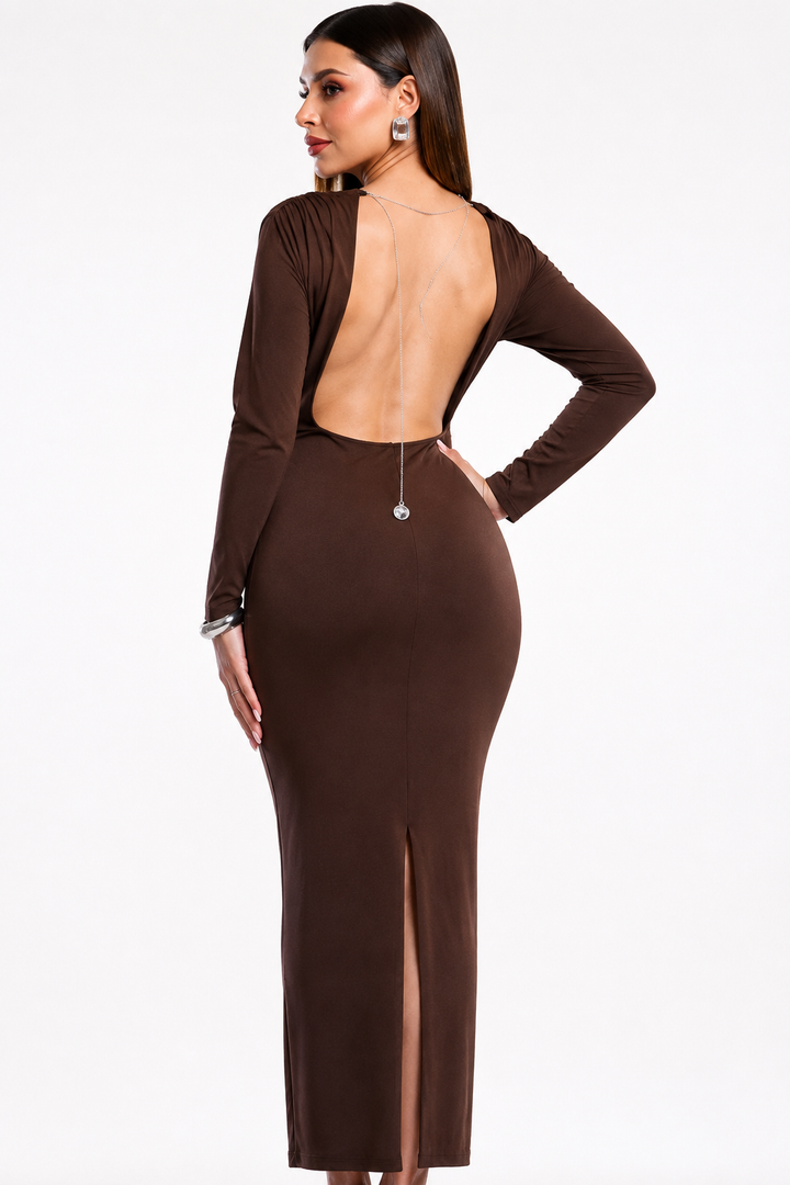 Vestido Hessed Couture largo con espalda descubierta — Café