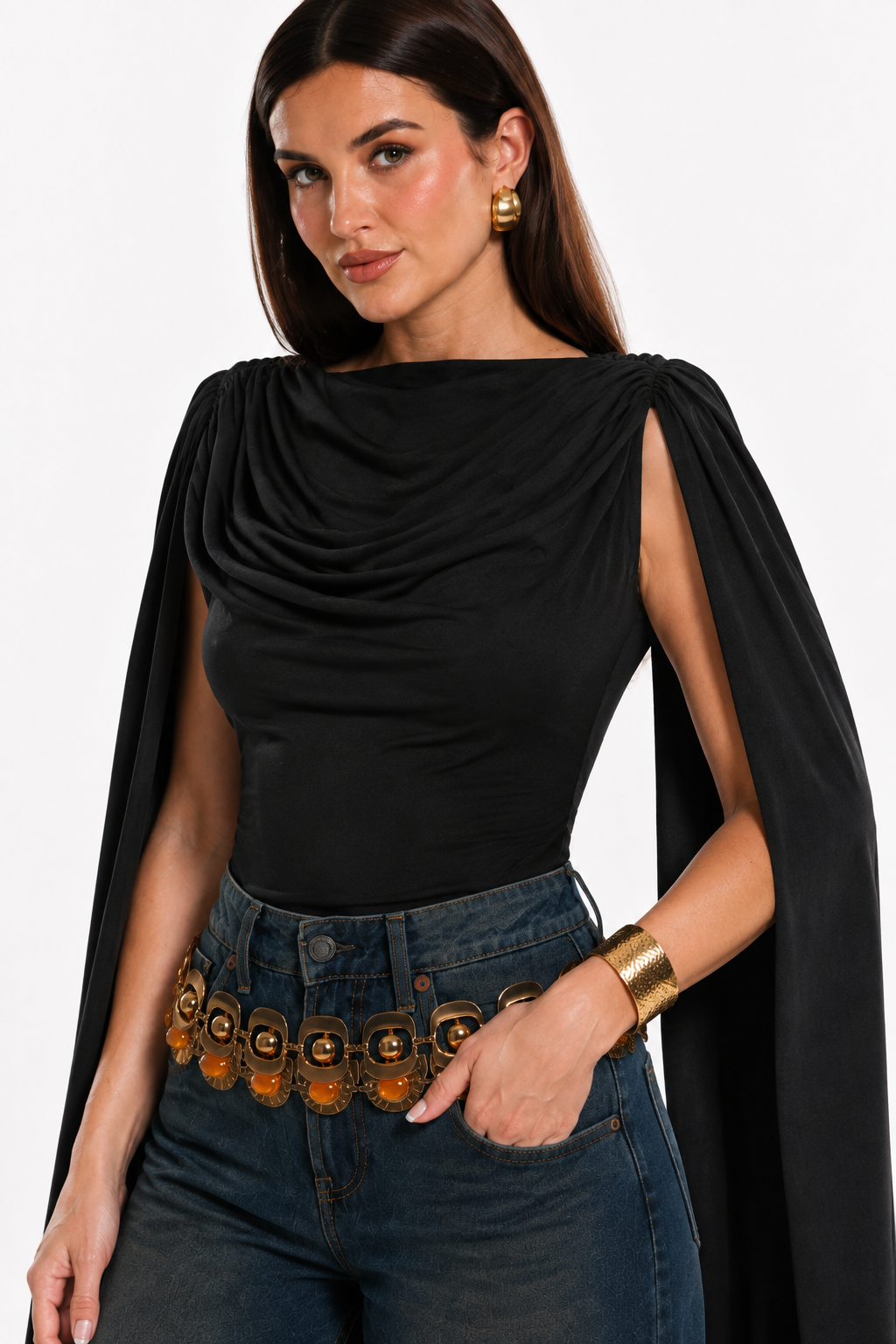 Body Hessed Couture con mangas de capa — Negro