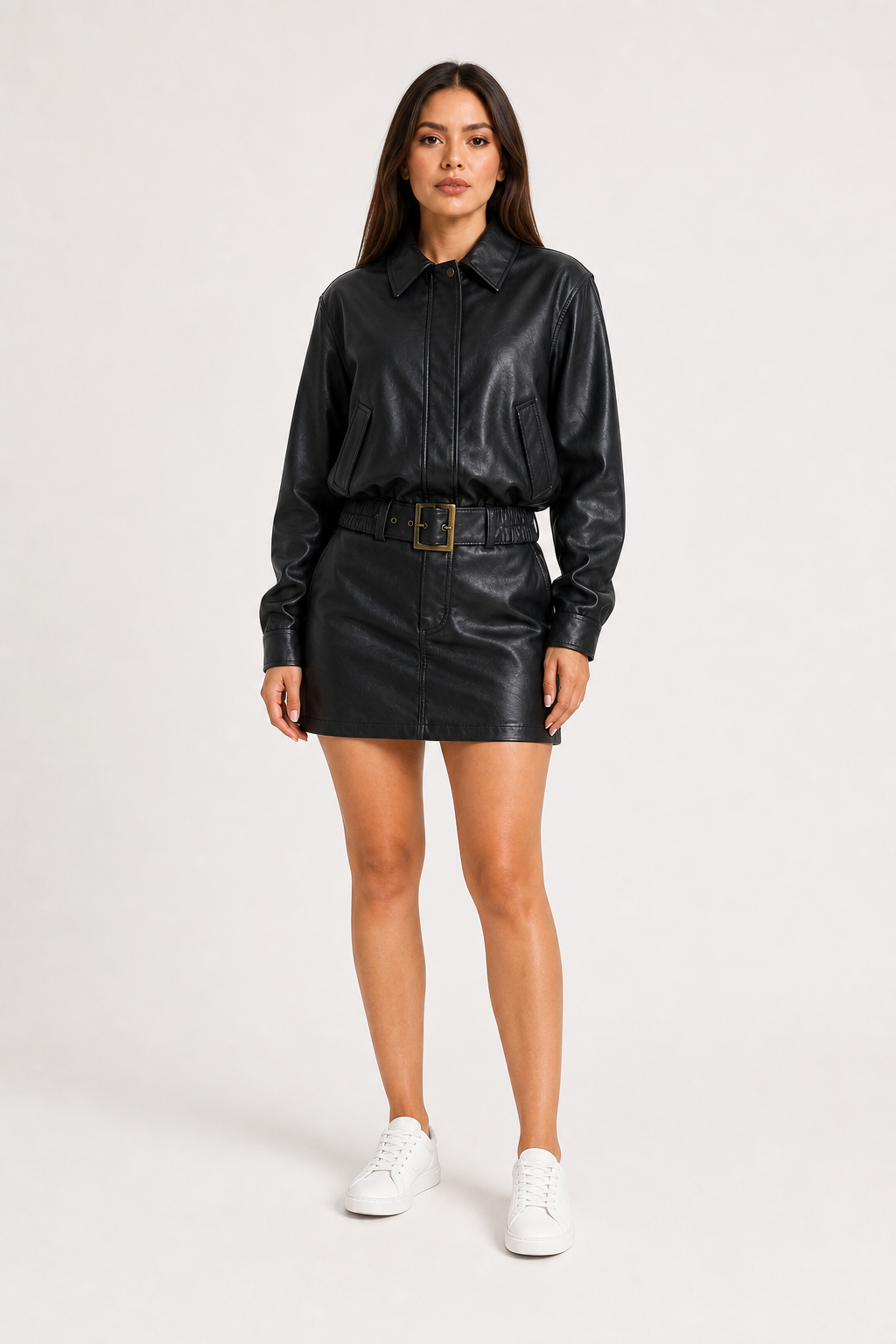 Conjunto Hessed Couture de piel sintética (chamarra y falda) — Negro