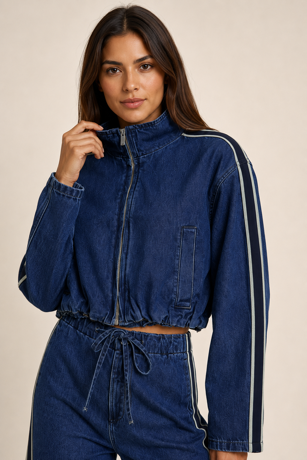Conjunto Hessed Couture de mezclilla con franja lateral — Azul