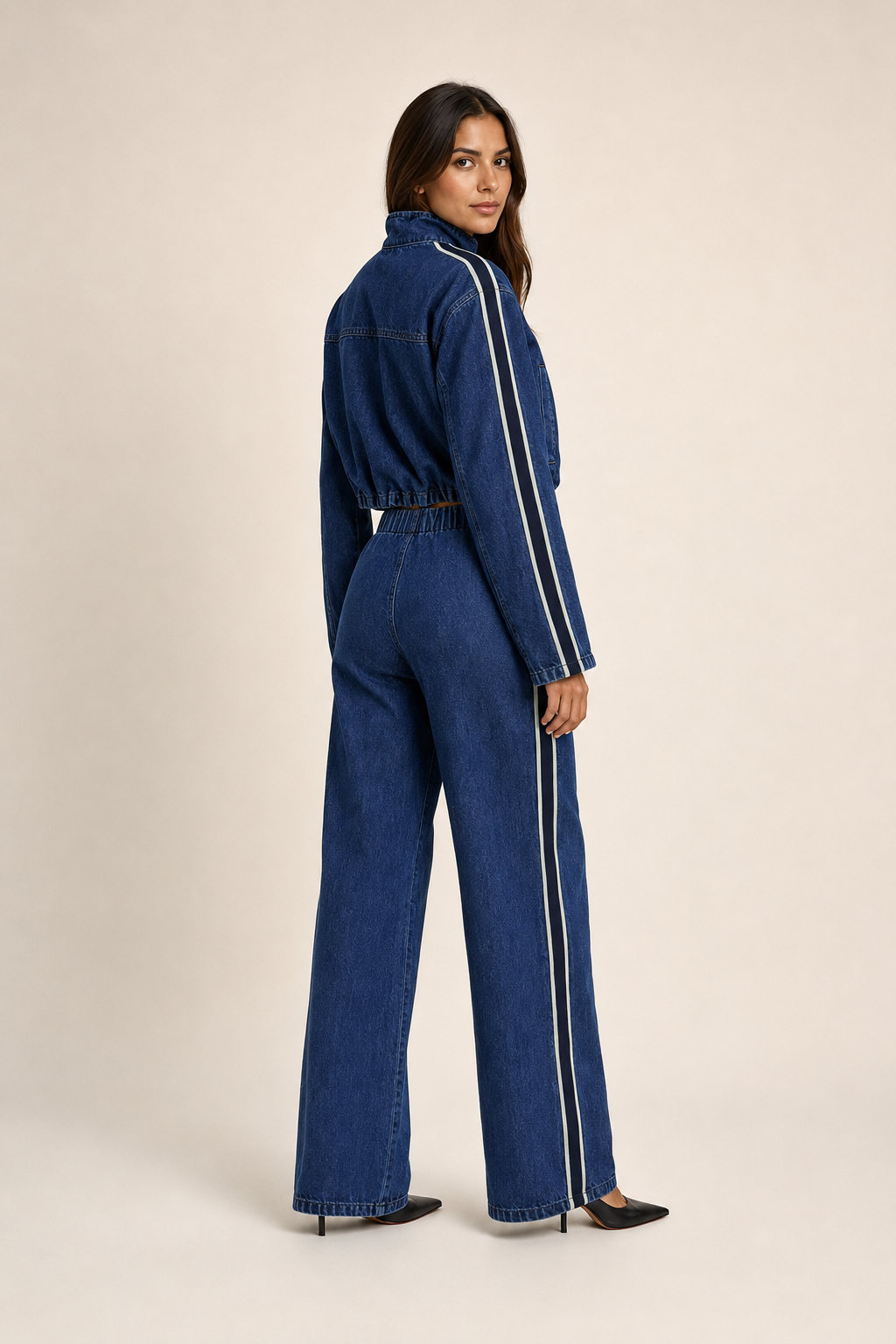 Conjunto Hessed Couture de mezclilla con franja lateral — Azul