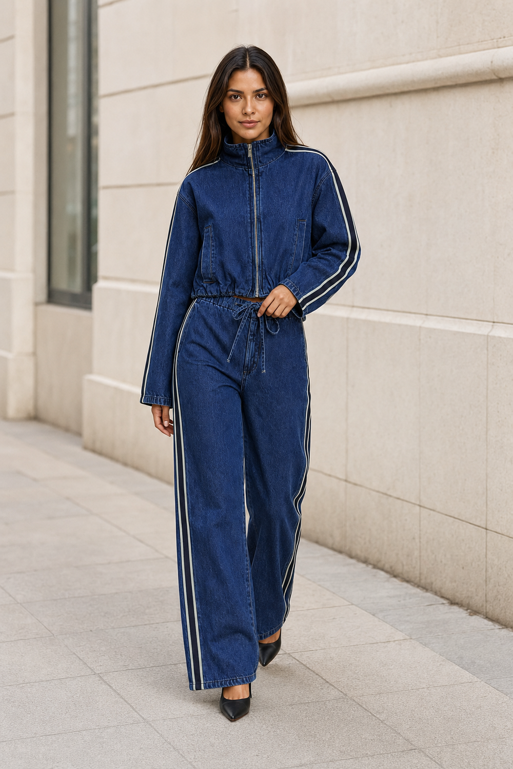 Conjunto Hessed Couture de mezclilla con franja lateral — Azul