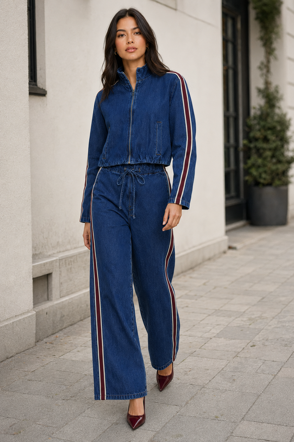 Conjunto Hessed Couture de mezclilla con franja lateral — Vino