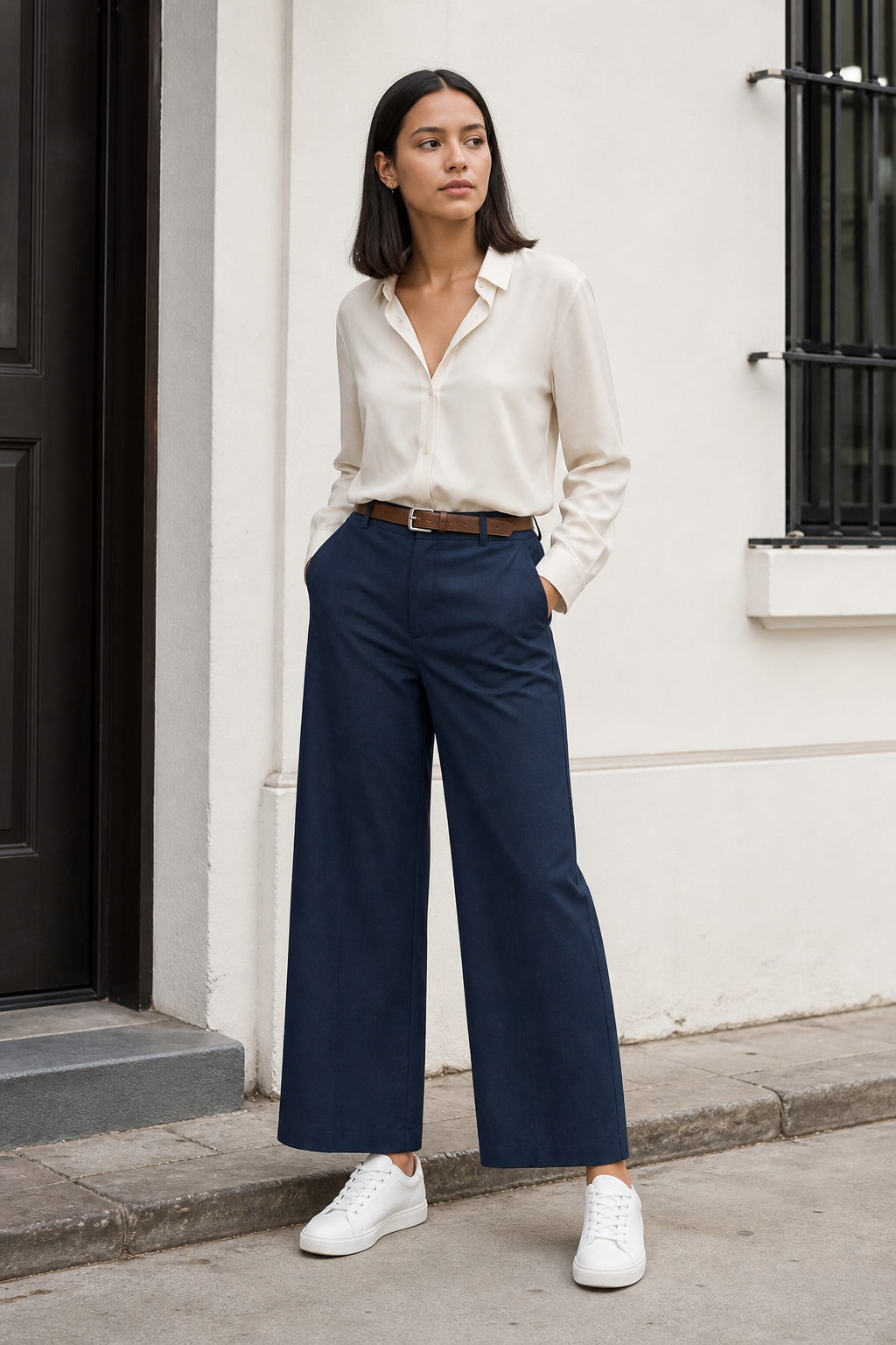 Pantalón Hessed Couture de vestir pierna ancha — Marino