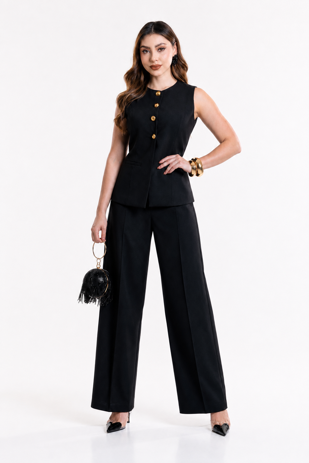 Conjunto Hessed Couture de chaleco y pantalón sastre — Negro