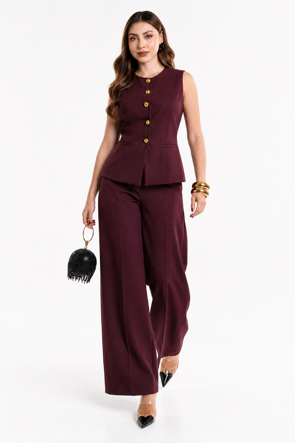 Conjunto Hessed Couture de chaleco y pantalón sastre — Vino