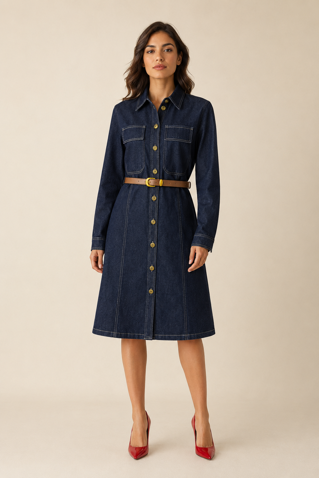 Vestido Hessed Couture camisero de mezclilla con cinturón — Mezclilla