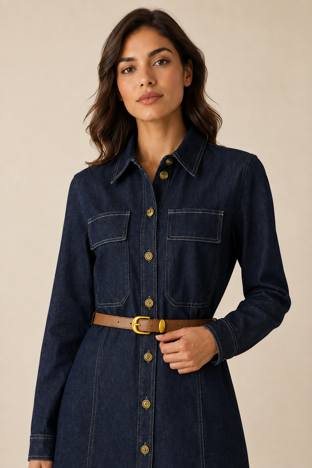 Vestido Hessed Couture camisero de mezclilla con cinturón — Mezclilla