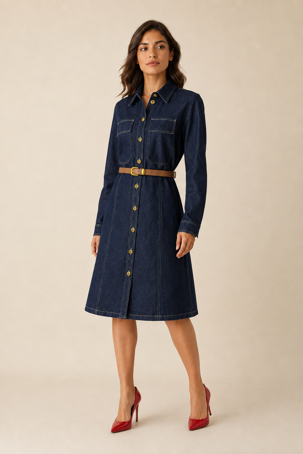 Vestido Hessed Couture camisero de mezclilla con cinturón — Mezclilla