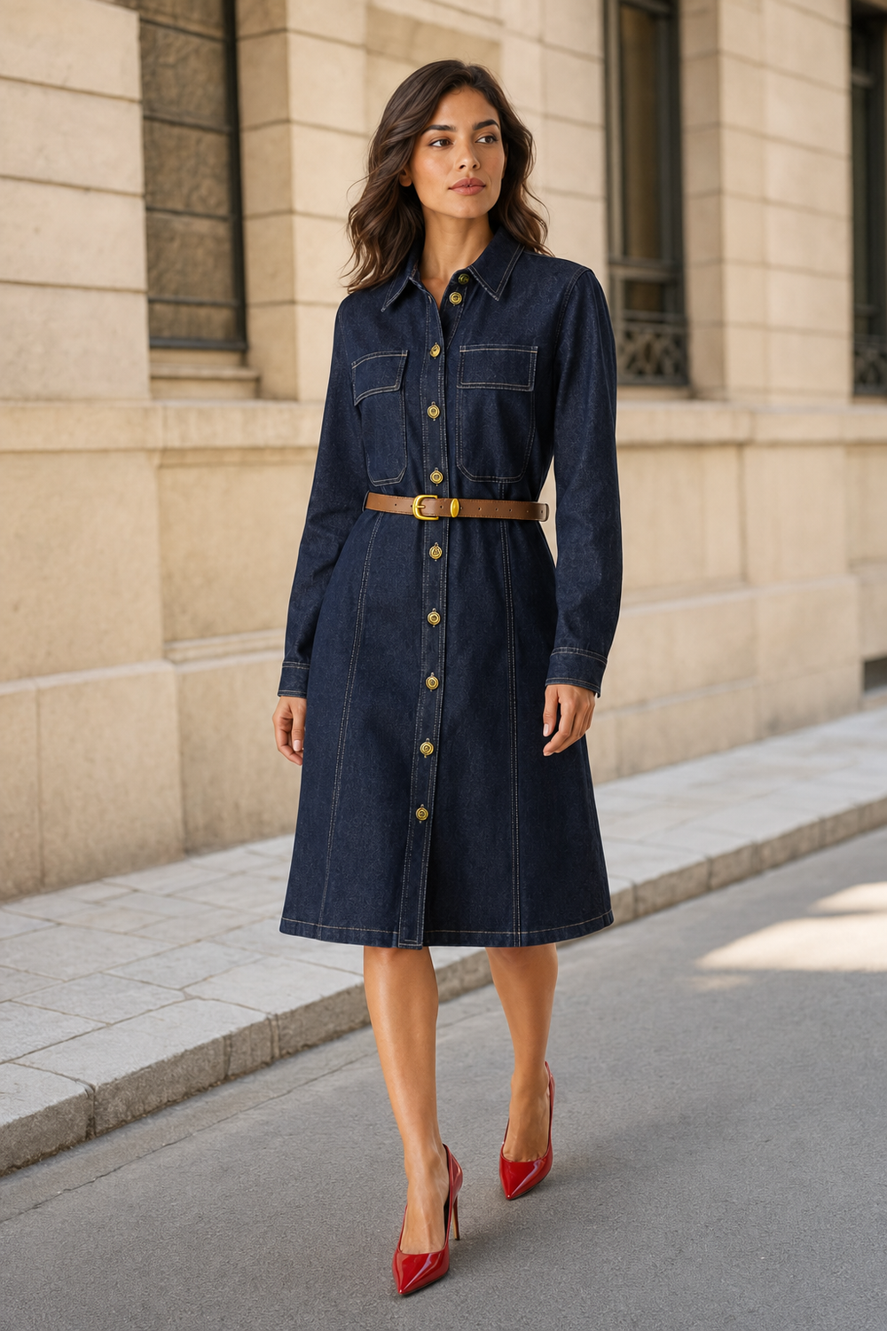 Vestido Hessed Couture camisero de mezclilla con cinturón — Mezclilla