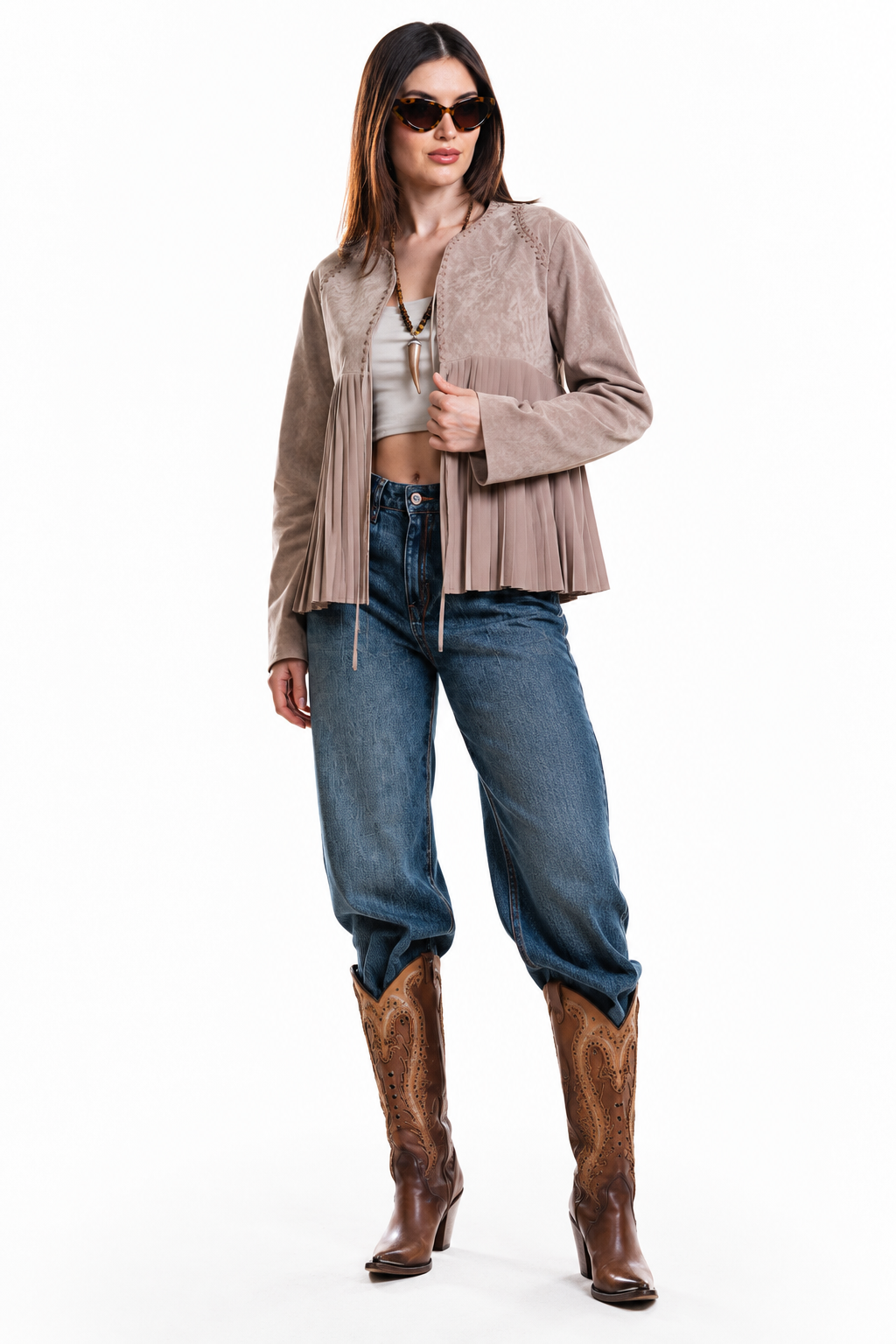 Chaqueta Hessed Couture de gamuza con vuelo plisado — Beige