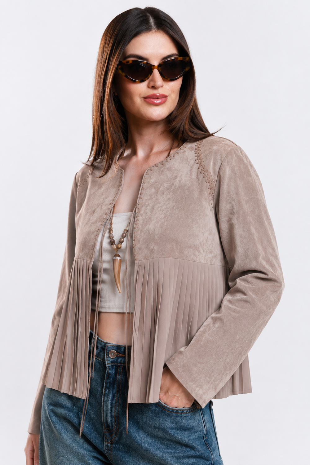 Chaqueta Hessed Couture de gamuza con vuelo plisado — Beige
