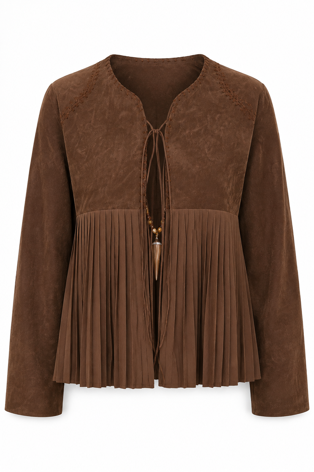 Chaqueta Hessed Couture de gamuza con vuelo plisado — Café