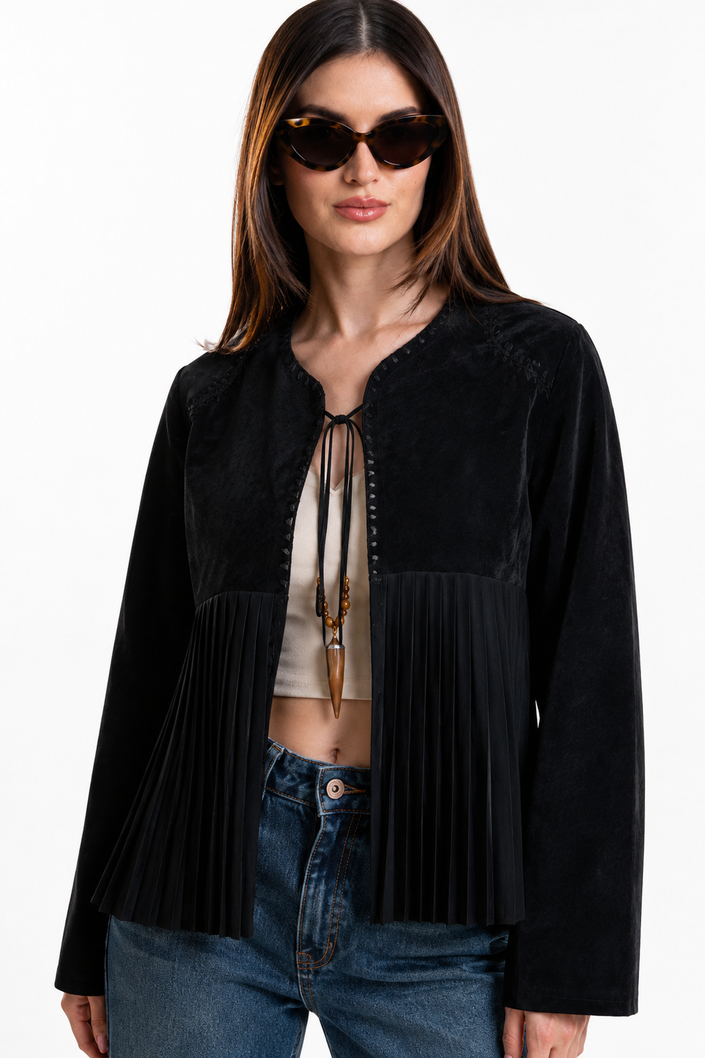 Chaqueta Hessed Couture de gamuza con vuelo plisado — Negro