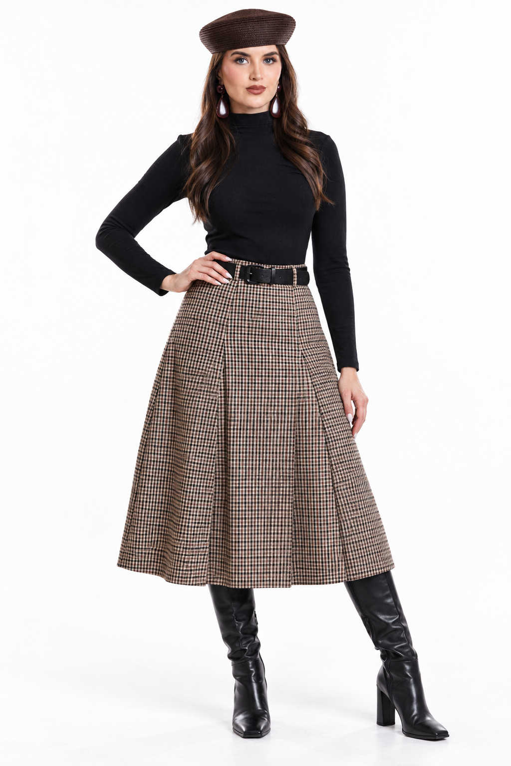 Falda Hessed Couture midi de cuadros con cinturón — Café