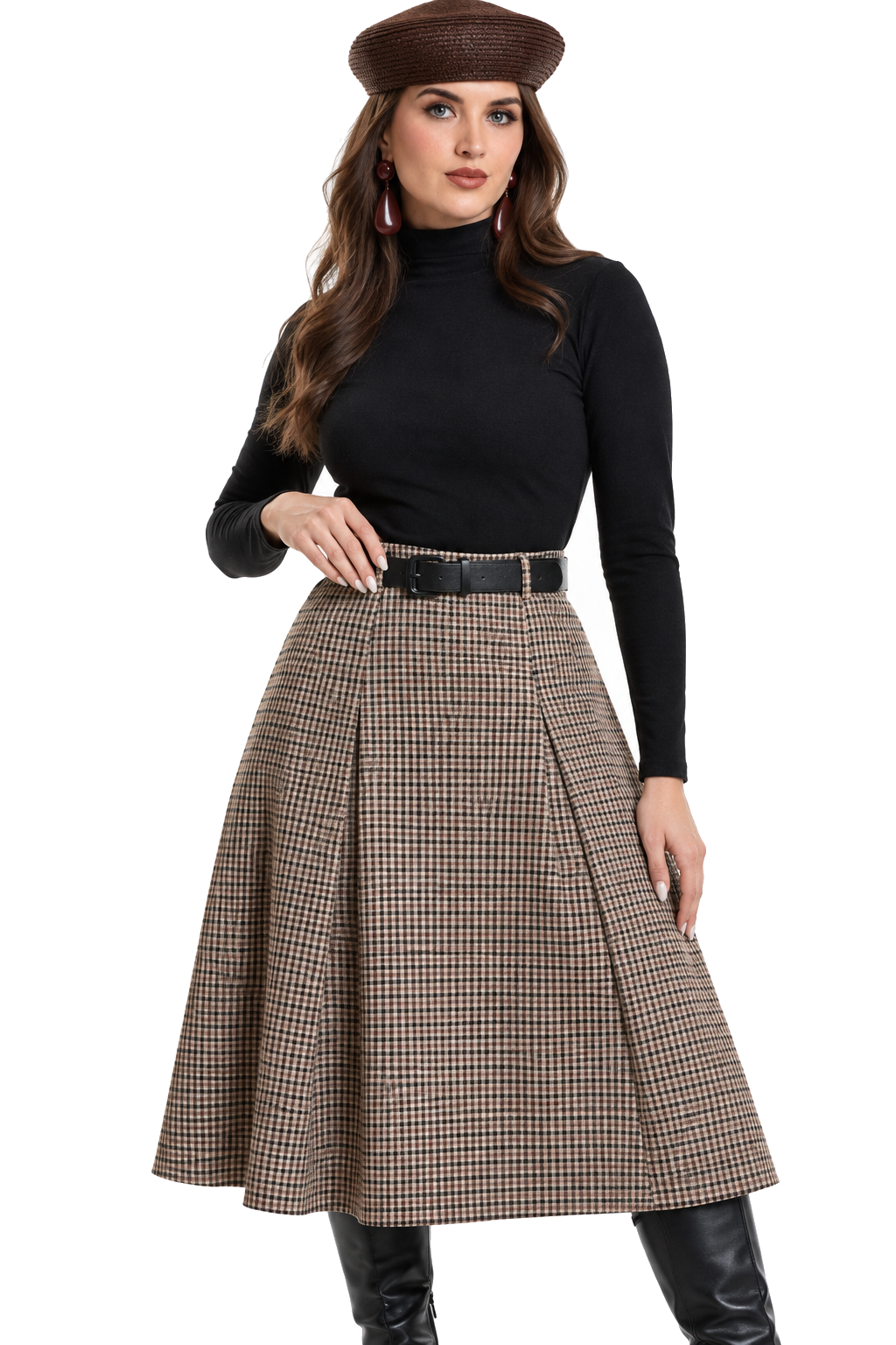 Falda Hessed Couture midi de cuadros con cinturón — Café