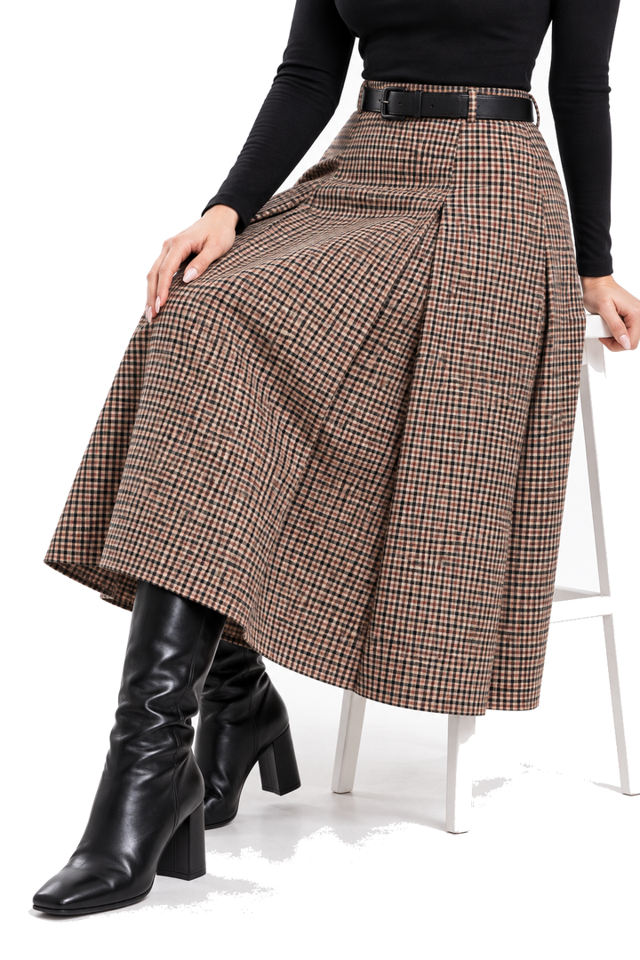 Falda Hessed Couture midi de cuadros con cinturón — Café
