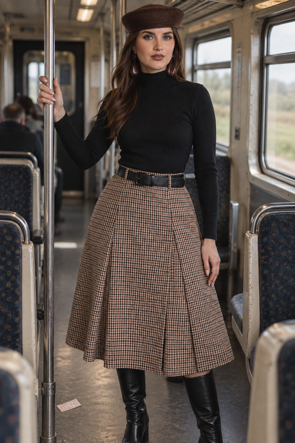 Falda Hessed Couture midi de cuadros con cinturón — Café