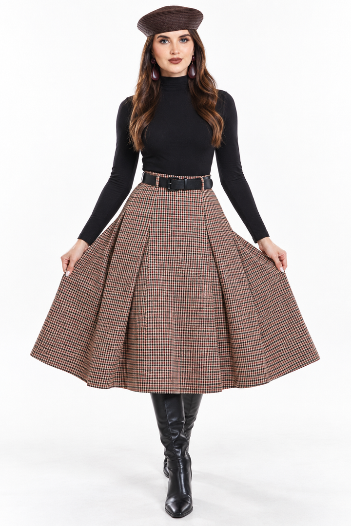 Falda Hessed Couture midi de cuadros con cinturón — Vino