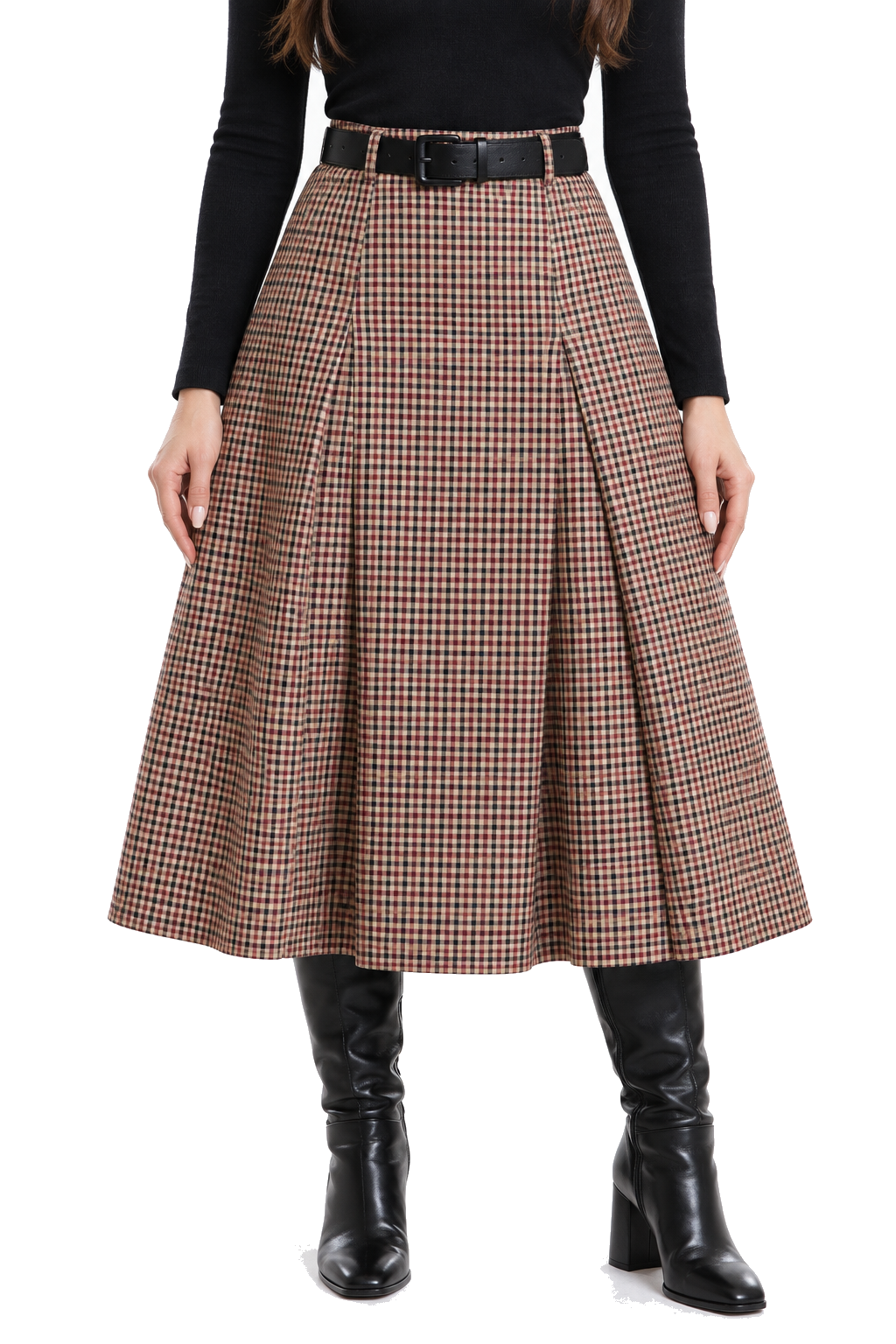 Falda Hessed Couture midi de cuadros con cinturón — Vino