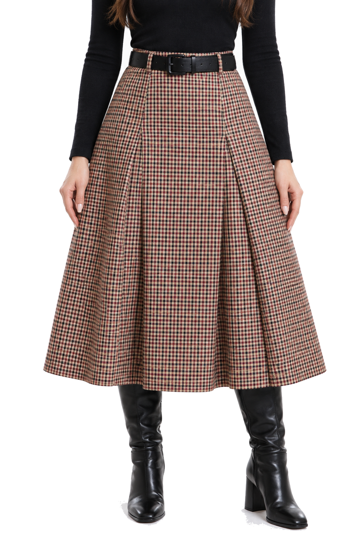 Falda Hessed Couture midi de cuadros con cinturón — Vino