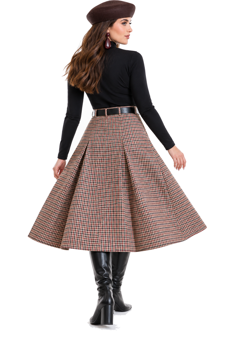 Falda Hessed Couture midi de cuadros con cinturón — Vino