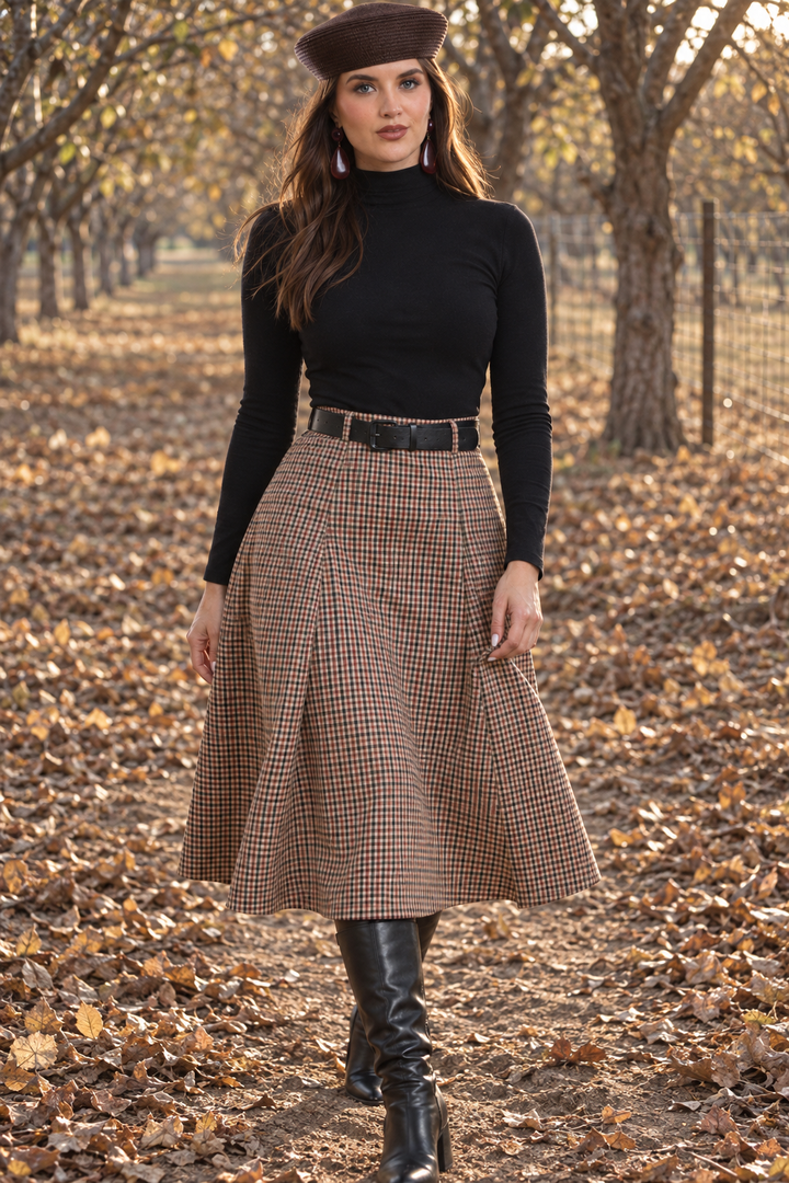 Falda Hessed Couture midi de cuadros con cinturón — Vino