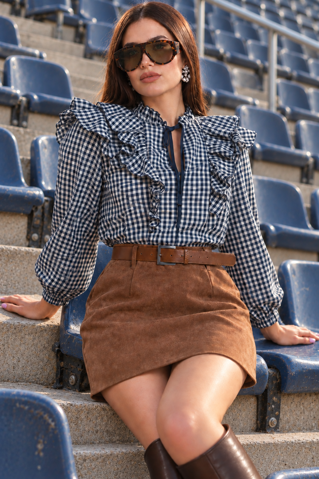 Falda Hessed Couture mini de gamuza con cinturón — Café