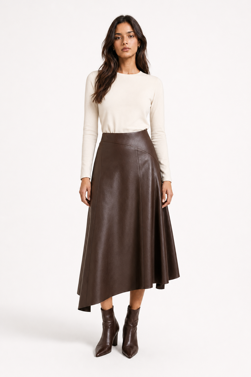 Falda Hessed Couture midi de vinipiel — Café