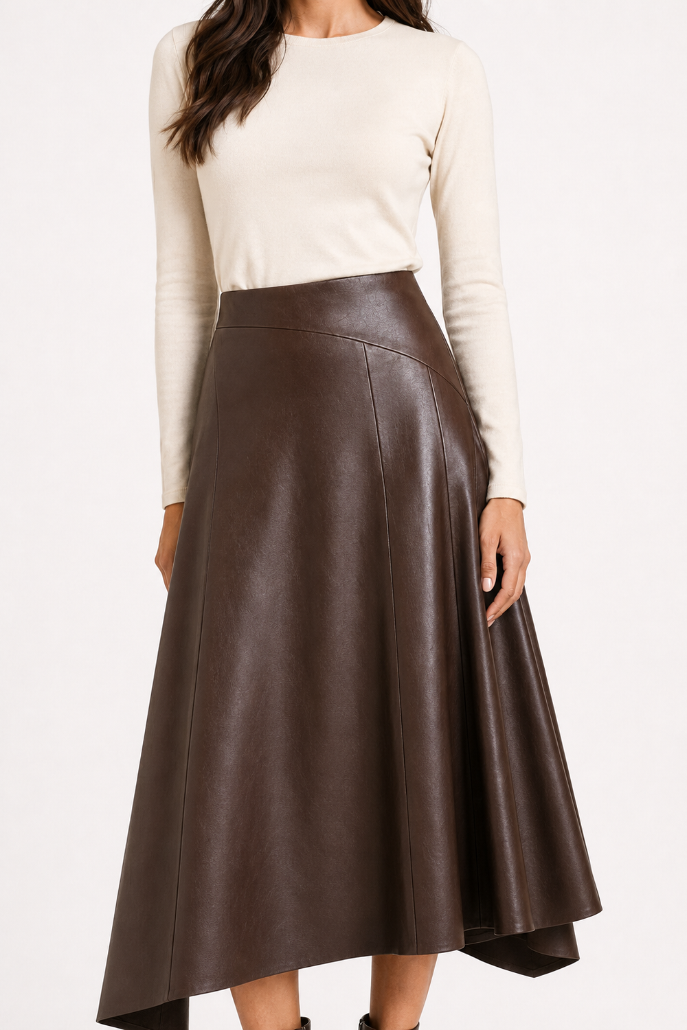 Falda Hessed Couture midi de vinipiel — Café