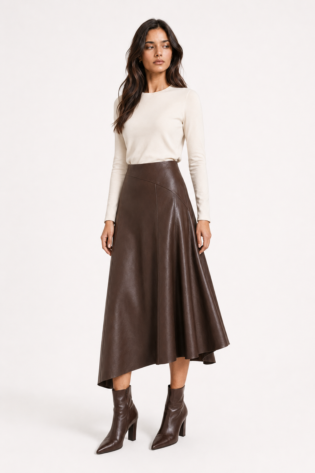 Falda Hessed Couture midi de vinipiel — Café