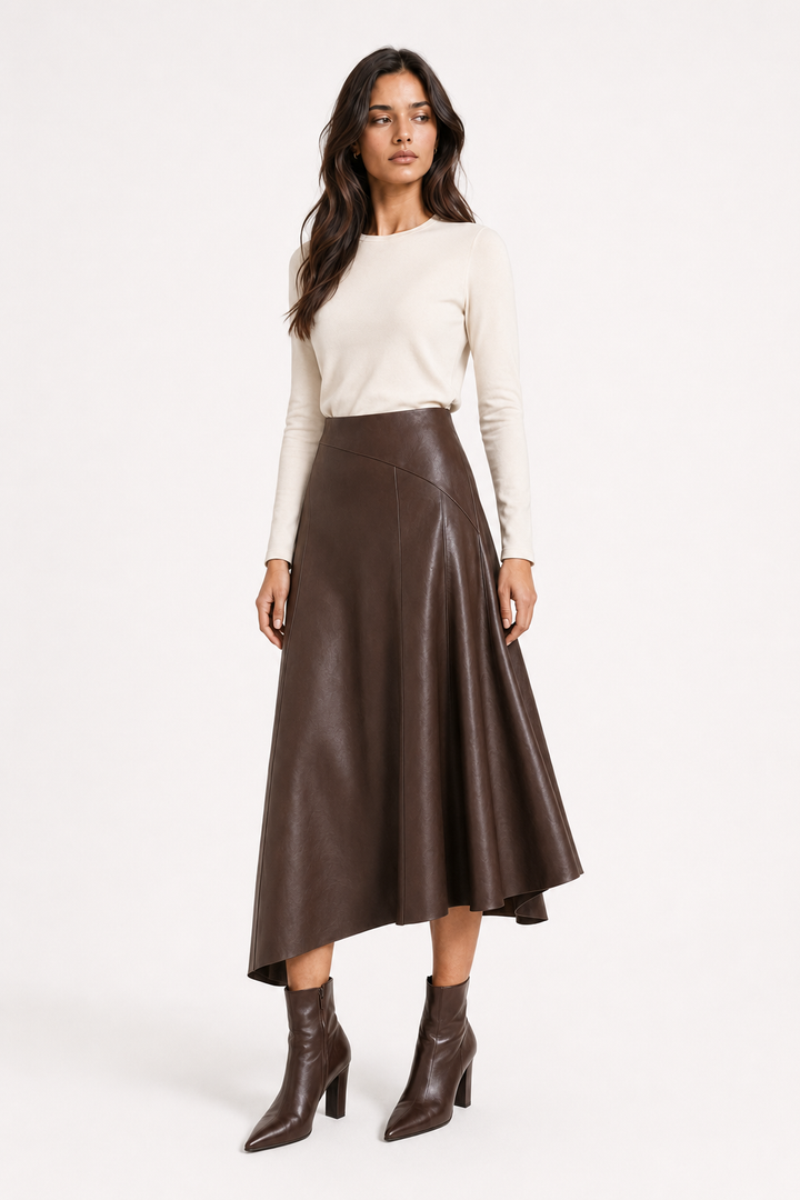 Falda Hessed Couture midi de vinipiel — Café