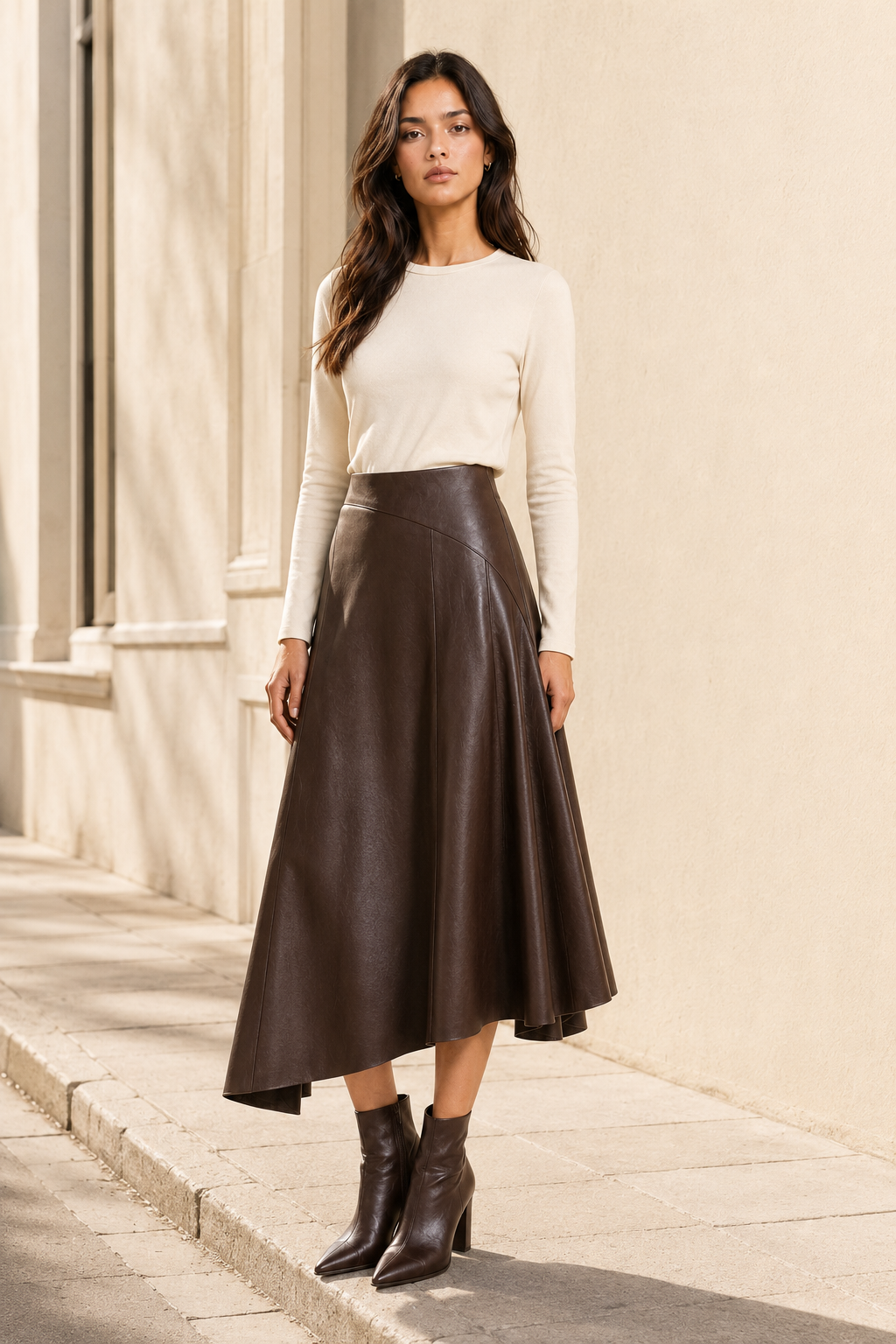 Falda Hessed Couture midi de vinipiel — Café