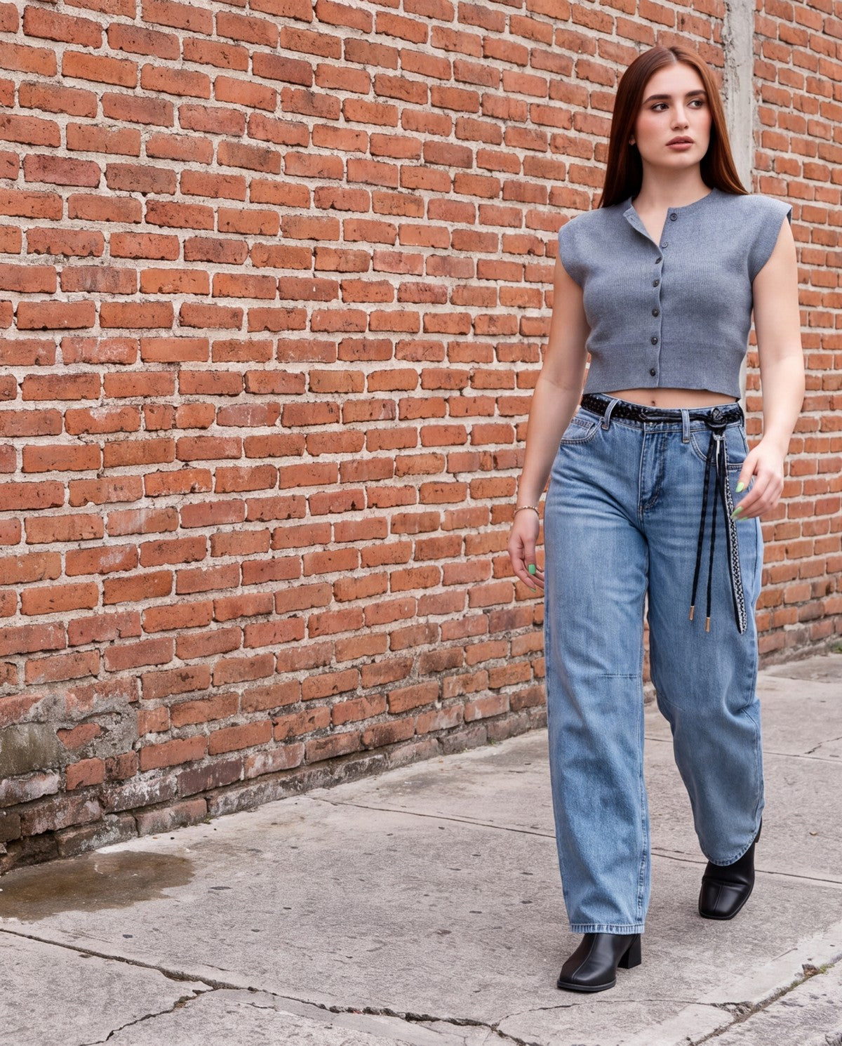 Jeans Juliette barrel ballon claro con cinto, caminando frente a una pared de ladrillo