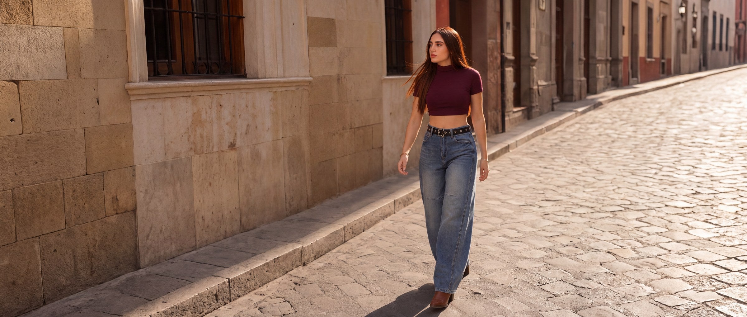 Jeans KOSCH barrel baggy con cinturón de estrellas, en una calle