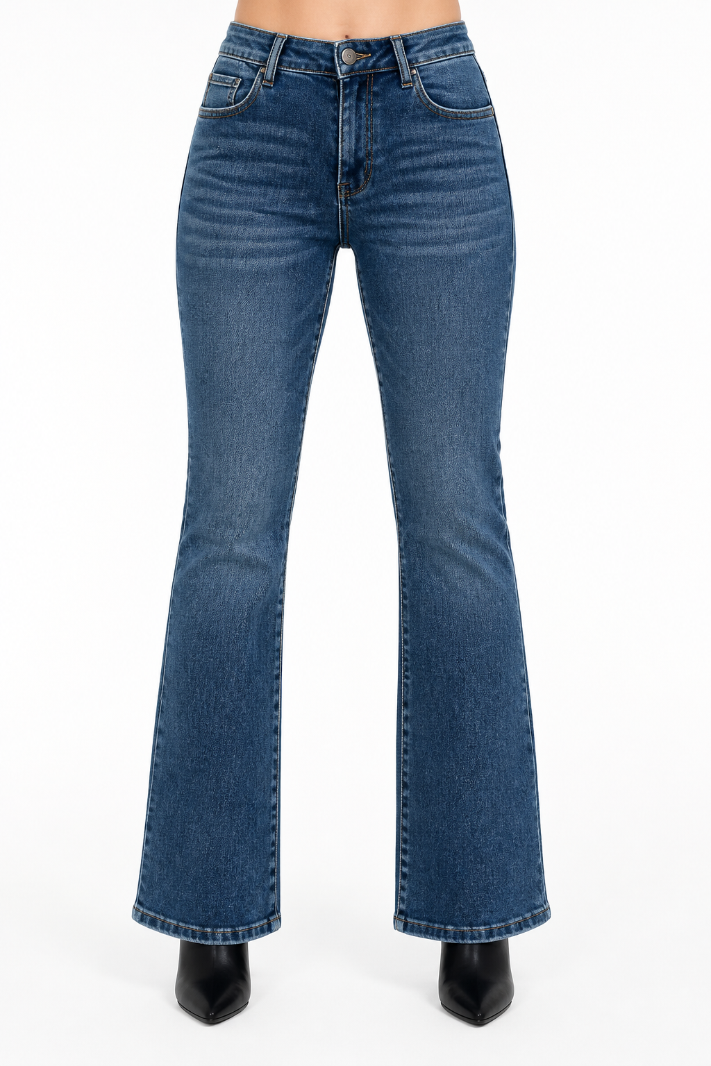 Jeans JS Denim flare de tiro alto en azul medio — Mezclilla media