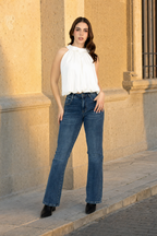 Jeans JS Denim flare de tiro alto en azul medio — Mezclilla media