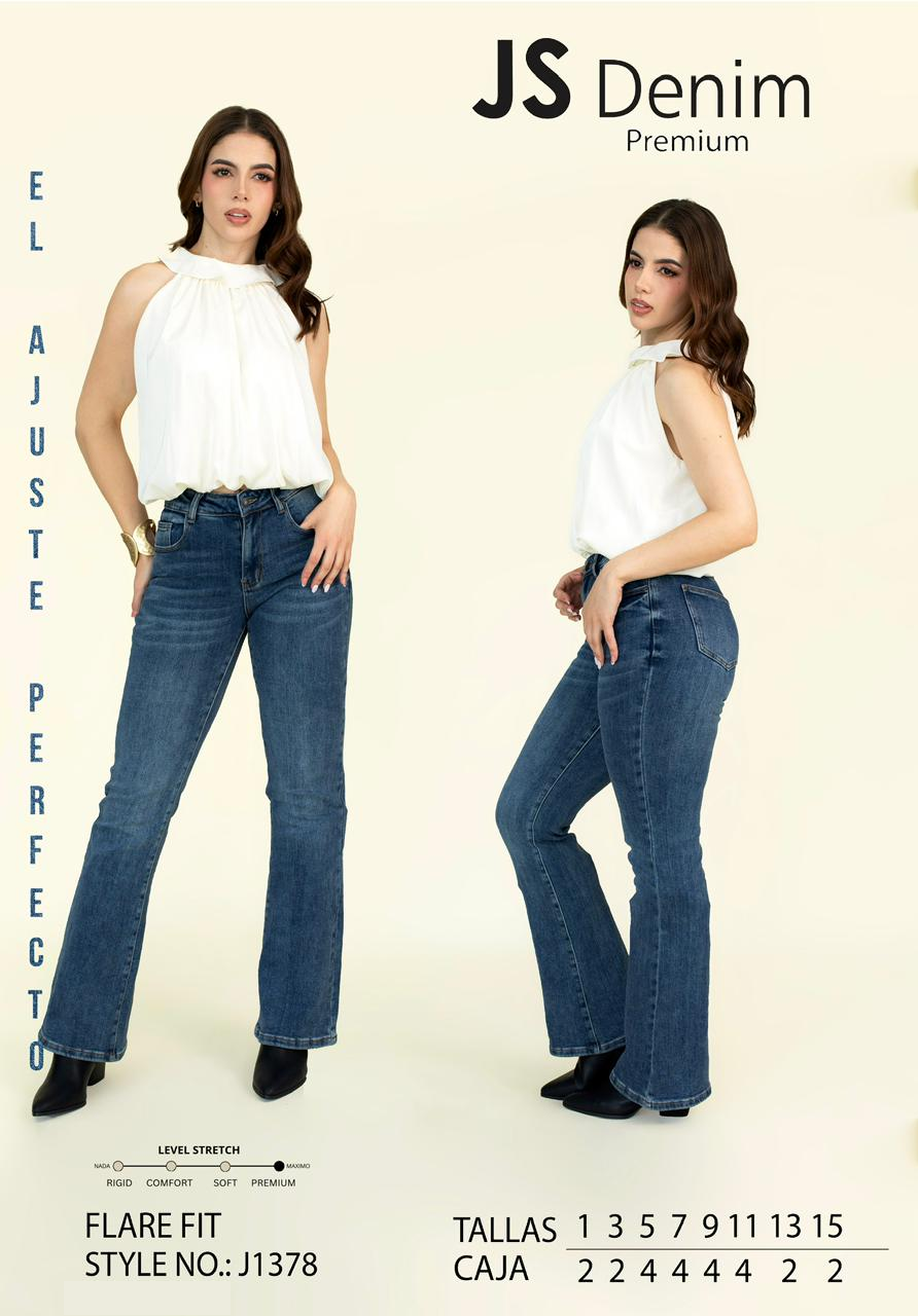 Jeans JS Denim flare de tiro alto en azul medio — Mezclilla media