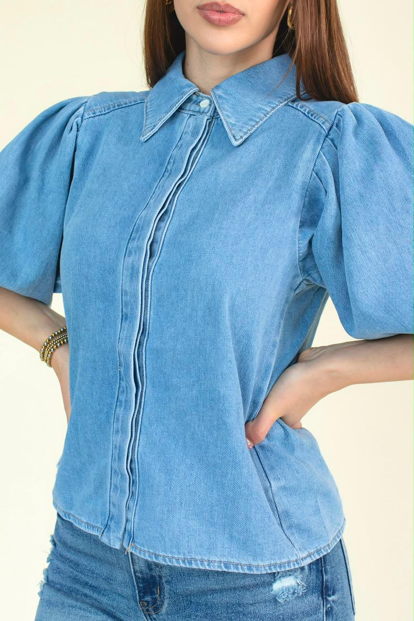 Camisa JS Denim de mezclilla con manga globo — Mezclilla clara