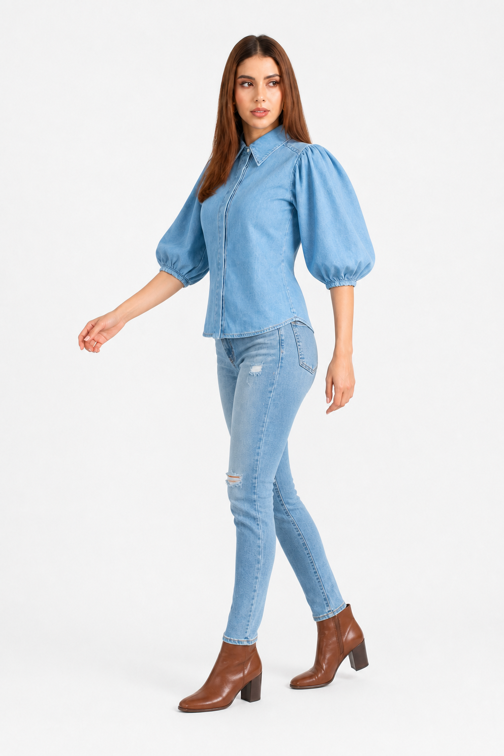 Camisa JS Denim de mezclilla con manga globo — Mezclilla clara